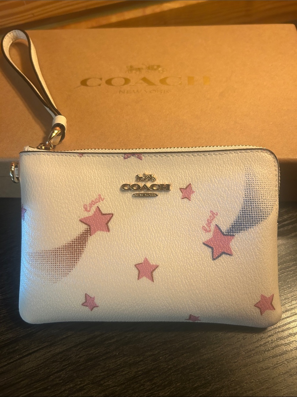 COACH White Leather Star Print Wristlet with Pink Accents